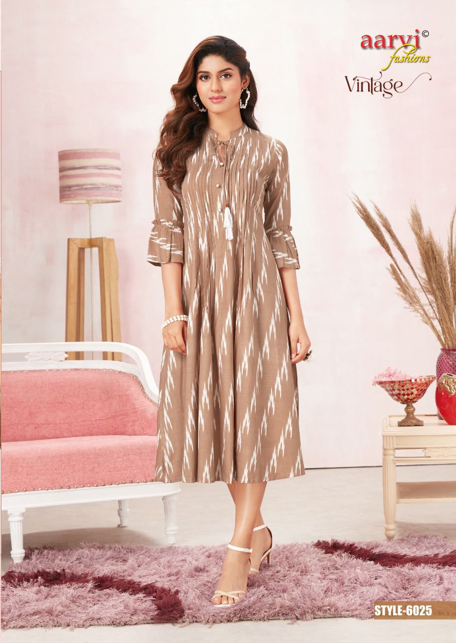 Aarvi Vintage 1 Fancy Party Wear Rayon Printed Designer Kurti Collection
